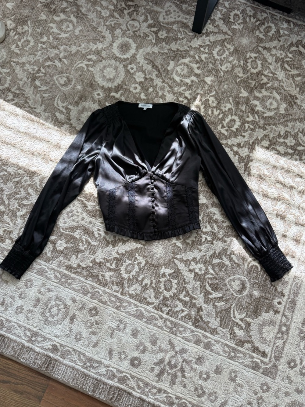 Heartloom Black Satin Long-Sleeve V-Neck Button-Front Top with Lace